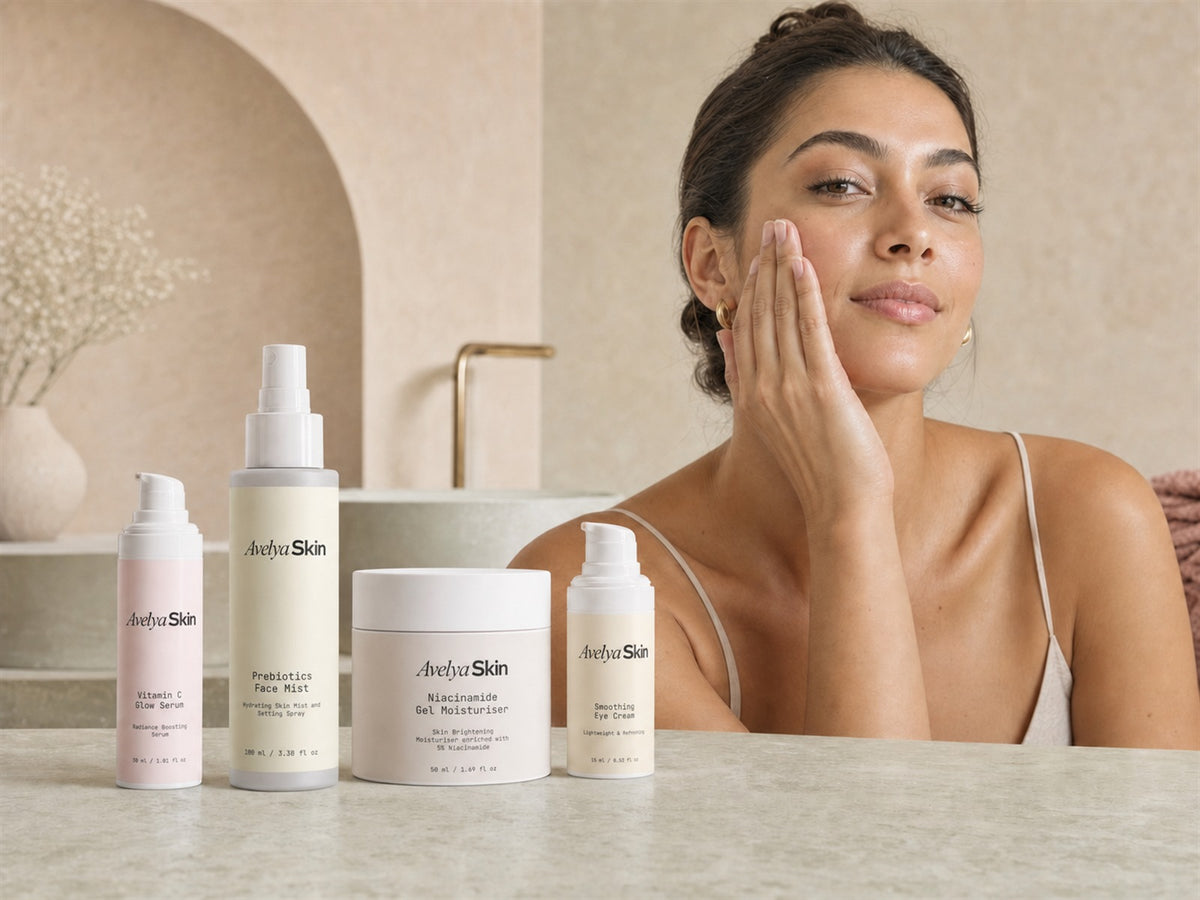 Avelya Skin skincare products with model